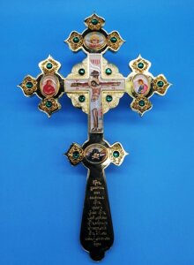 Хрест напрестольний металевий фігурний з ликами, золочення, каміння 20х30 см з молитвою