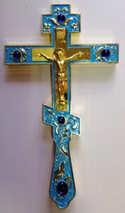 Хрест напрестольний металевий, золочення, блакитний з емаллю + камені 15х26 см