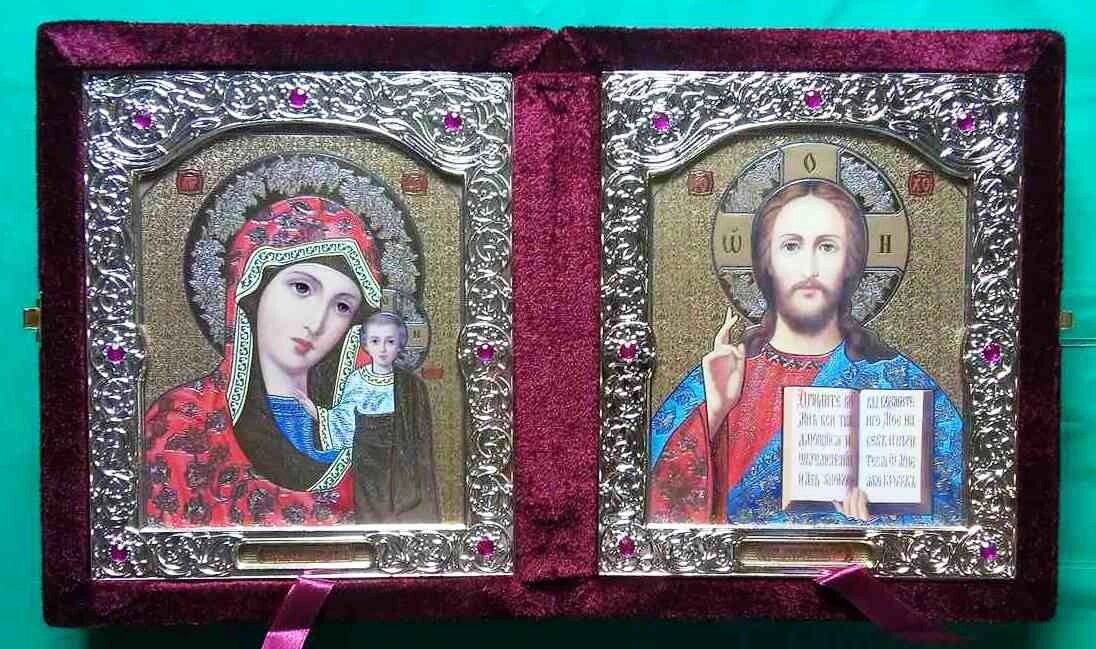 Складень оксамитовий бордовий, з іконами, що виймаються + стрази, 15х18 см. — фото 1