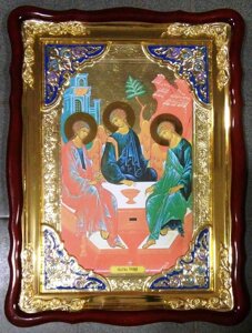 Ікона велика в рамі під склом «Трійця Старозавітна», в ризах з емаллю