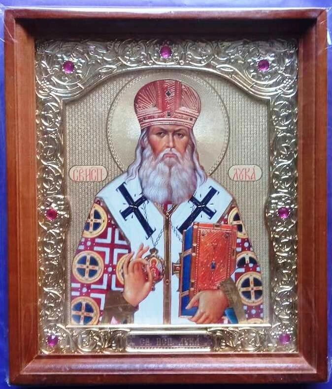 Ікона "Лука Кримський" під склом, із золотистим окладом та камінням — фото 1