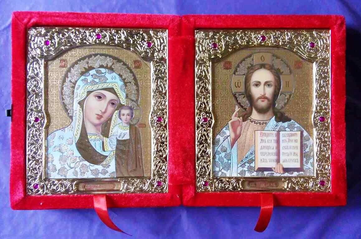 Складень оксамитовий червоний, з іконами, що виймаються + стрази, 15х18 см. — фото 1