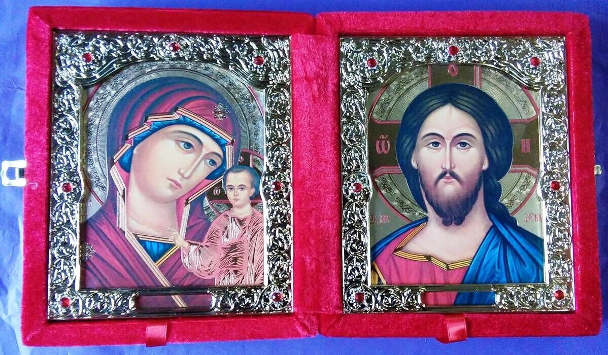 Складень оксамитовий червоний, з іконами, що виймаються + стрази, 15х18 см. — фото 1