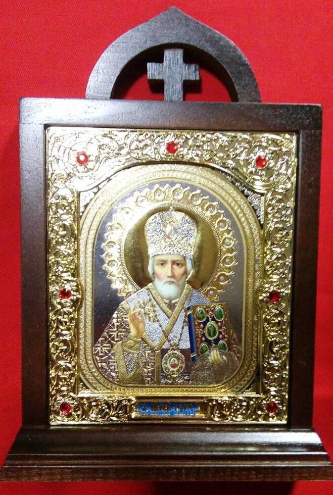 Ікона "Микола" на підставці лик 10х12 з золотим окладом — фото 1
