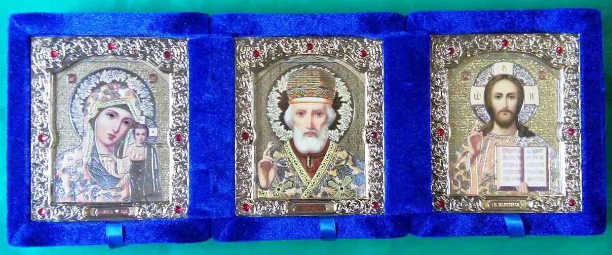 Складень оксамитовий потрійний, синій, з іконами що виймаються + стрази, 10х12 см. — фото 1