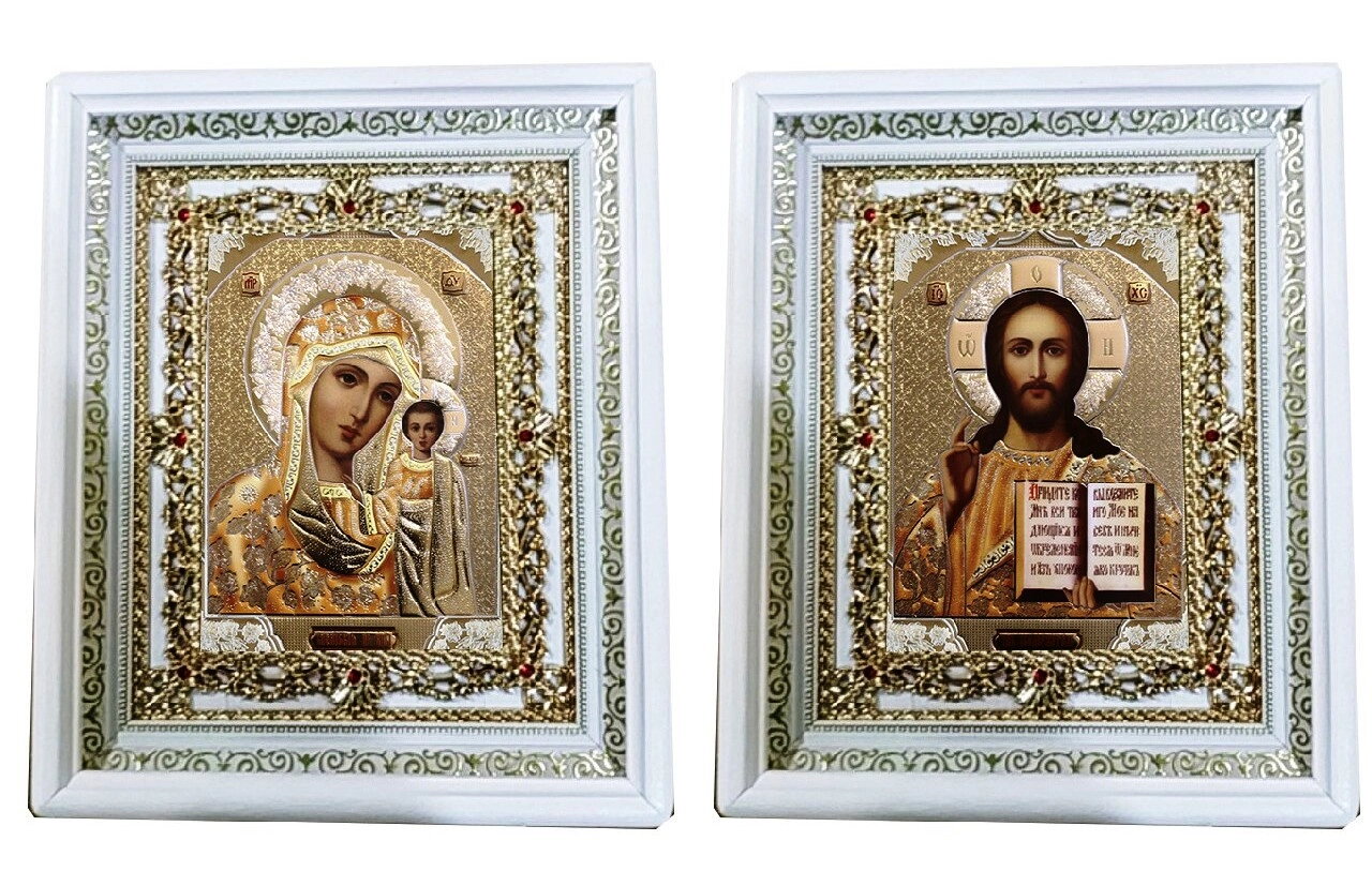 Ікона пара Спаситель+Казанська, прямий дерев'яний білий кіот зі стразами, 23х28 см. — фото 1