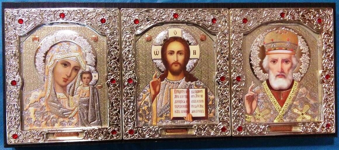 Горизонтальний Трійник 310х130мм. 24-Г. Жовтий одяг. Дерев'яний темний кіот Із золотим окладом — фото 1