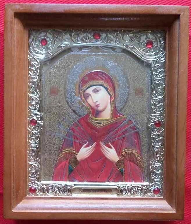 Ікона "Семистрільна" зі склом з золотим окладом з камінням — фото 1