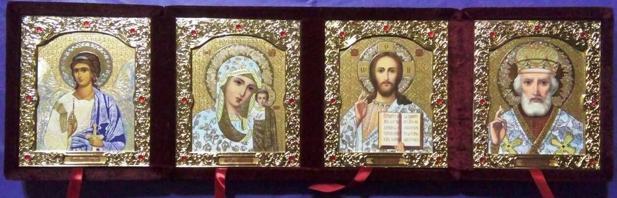 Складень оксамитовий, бордовий, четвертний, з іконами що виймаються + стрази — фото 1
