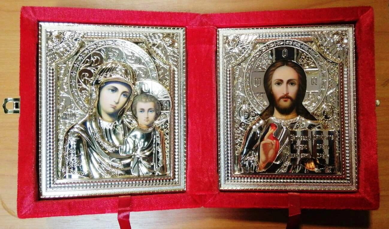 Складень оксамитовий, червоний, з іконами що виймаються, 15х18 см. — фото 1