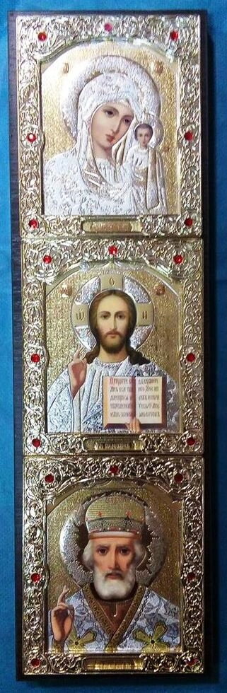 Вертикальний Трійник 370х110мм 24-В. Софріно Біл. одяг. Дерев'яний темний кіот Із золотим окладом — фото 1