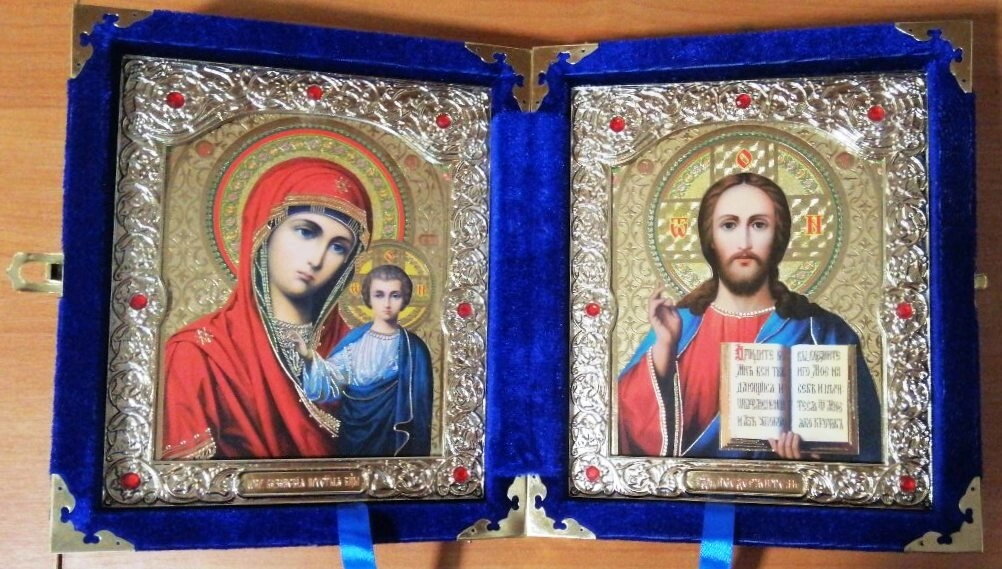 Складень оксамитовий, синій, з іконами що виймаються, 15х18 см. — фото 1