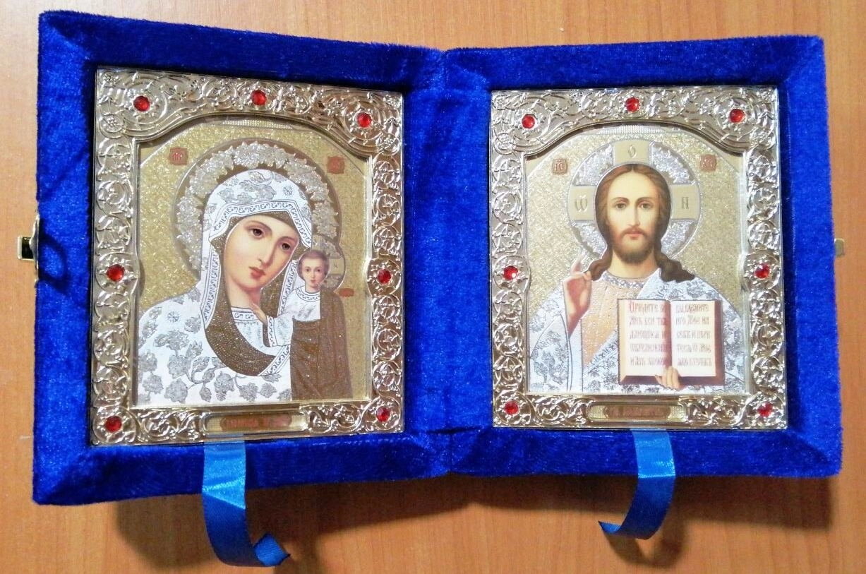 Складень синій оксамитовий, з іконами що виймаються, 10х12 см. — фото 1