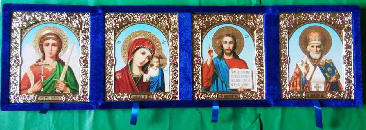 Складень оксамитовий, синій, четвертний, з іконами що виймаються + стрази — фото 1