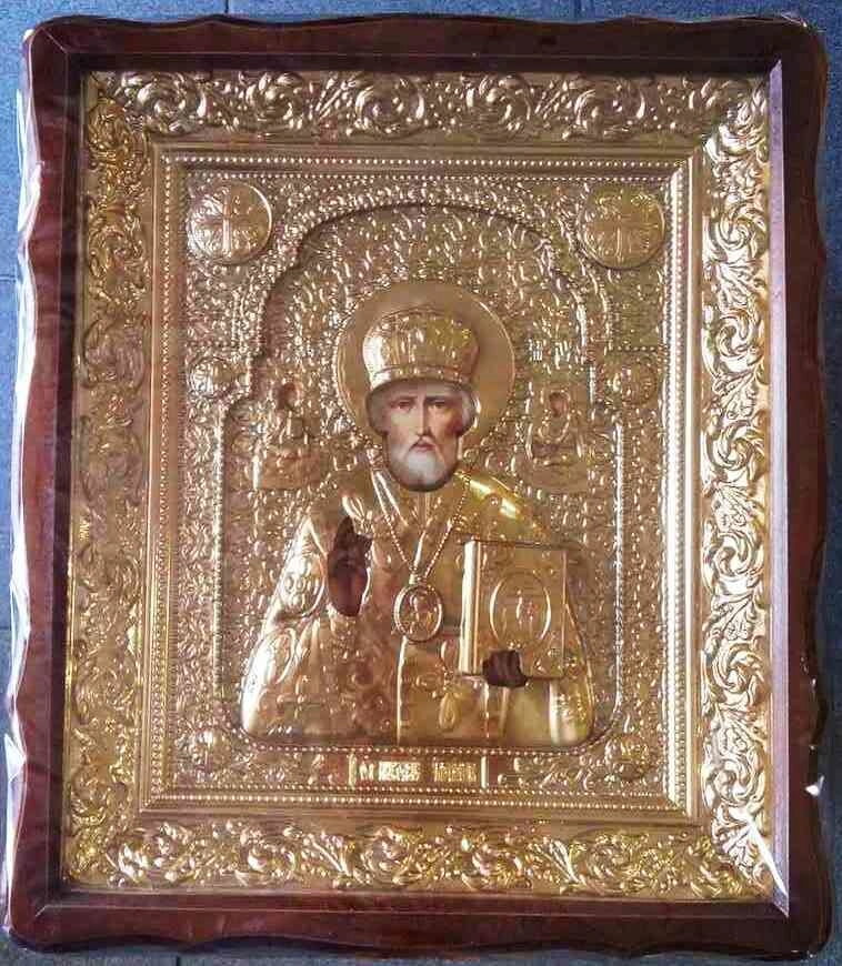 Ікона в дерев'яному фігурному кіоті в ризах, "Микола" — фото 1