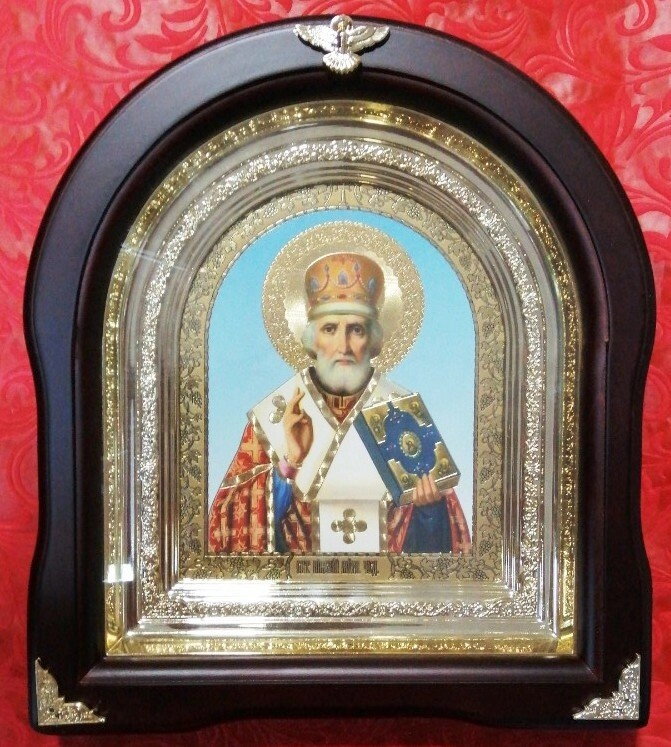 Ікона в дерев'яній рамі "Арка" в подарунковій коробці, Микола — фото 1