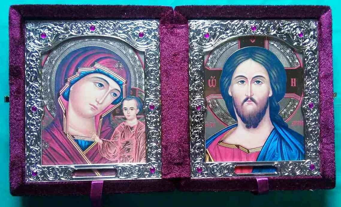 Складень оксамитовий бордовий, з іконами, що виймаються + стрази, 15х18 см. — фото 1