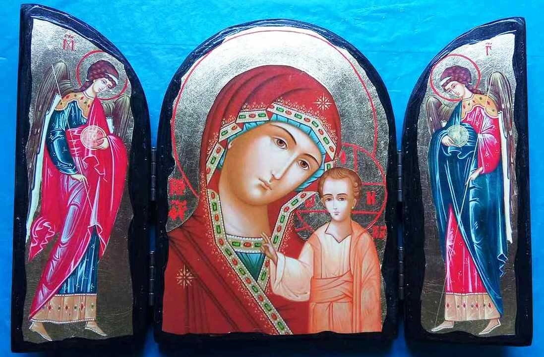 Складень дерев’яний синайський потрійний, "Казанська", у подарунковому пакуванні, 23х35 — фото 1