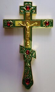 Хрест напрестольний металевий, золочення, зелений з емаллю + камені 15х26 см
