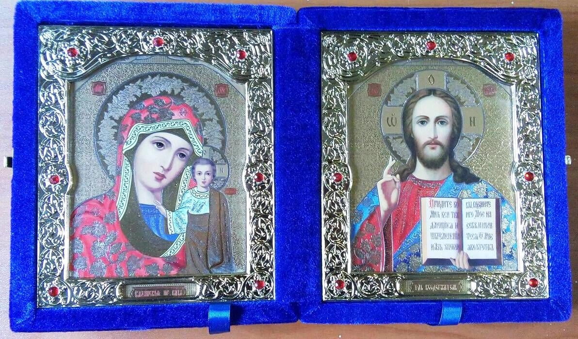 Складень оксамитовий синій, з іконами, що виймаються + стрази, 15х18 см. — фото 1
