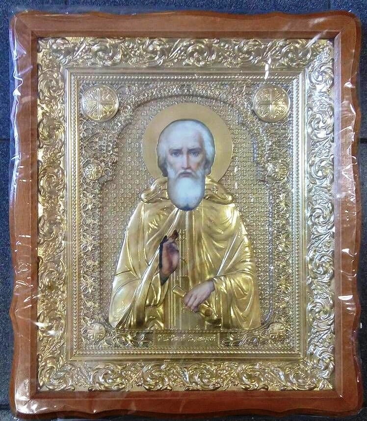 Ікона в дерев'яному фігурному кіоті в ризах, "Сергій Радонезький" — фото 1