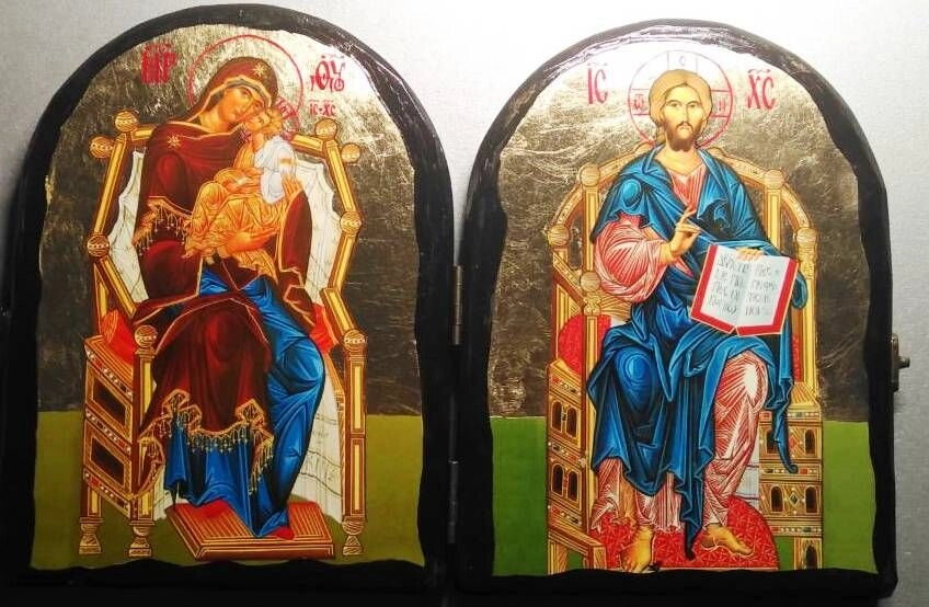 Складення дерев'яне Синайський подвійний, "Спаситель + Всецариця", в подарунковій упаковці, 23х23 — фото 1
