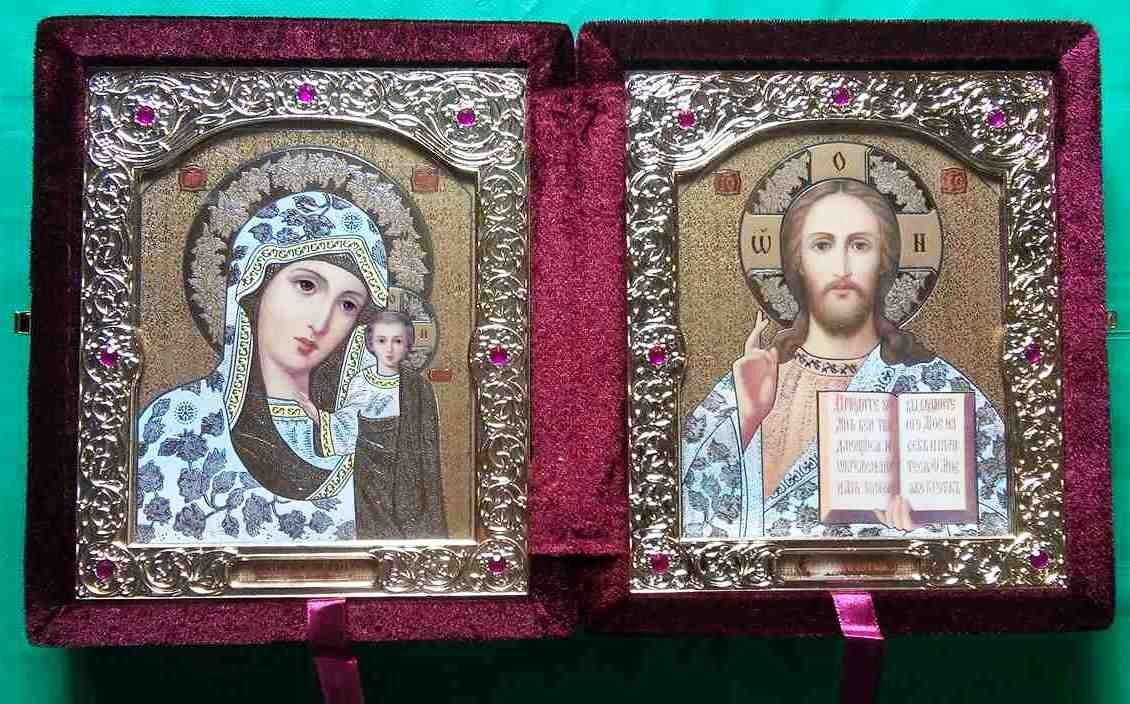 Складень оксамитовий бордовий, з іконами, що виймаються + стрази, 15х18 см. — фото 1