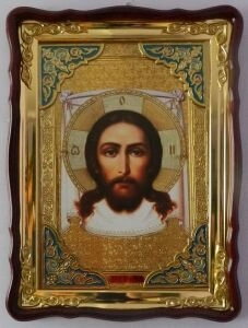 Ікона фігурна в рамі під склом «Спас Нерукотворний», у ризі з емаллю — фото 1