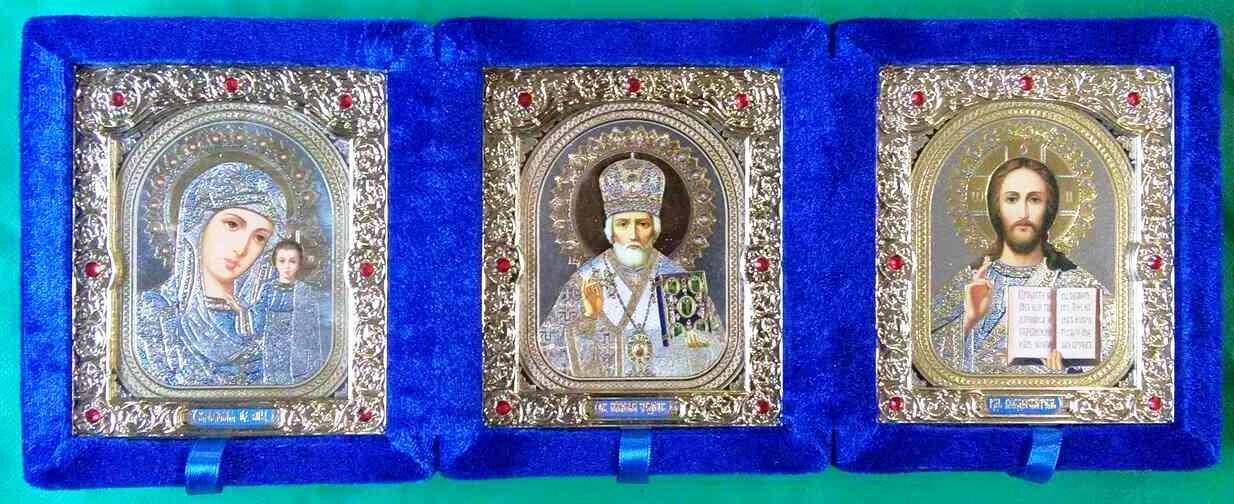 Складень оксамитовий потрійний, синій, з іконами що виймаються + стрази, 10х12 см. — фото 1
