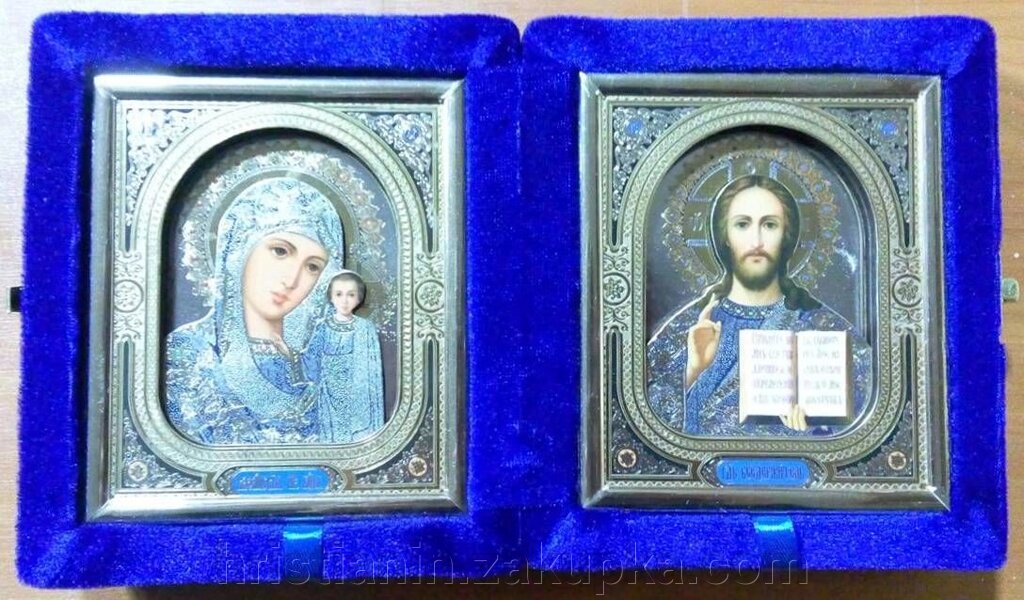 Складень оксамитовий синій, з іконами що виймаються, 10х12 см. від компанії ІНТЕРНЕТ МАГАЗИН "ХРИСТИЯНИН" церковне начиння - фото 1