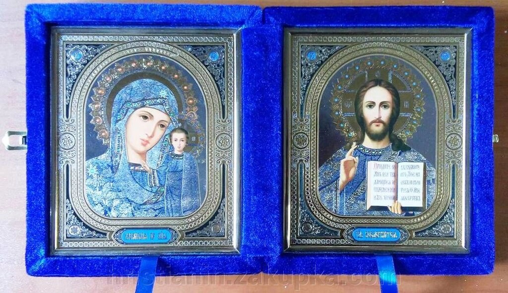 Складень оксамитовий синій, з іконами що виймаються, 15х18 см від компанії ІНТЕРНЕТ МАГАЗИН "ХРИСТИЯНИН" церковне начиння - фото 1