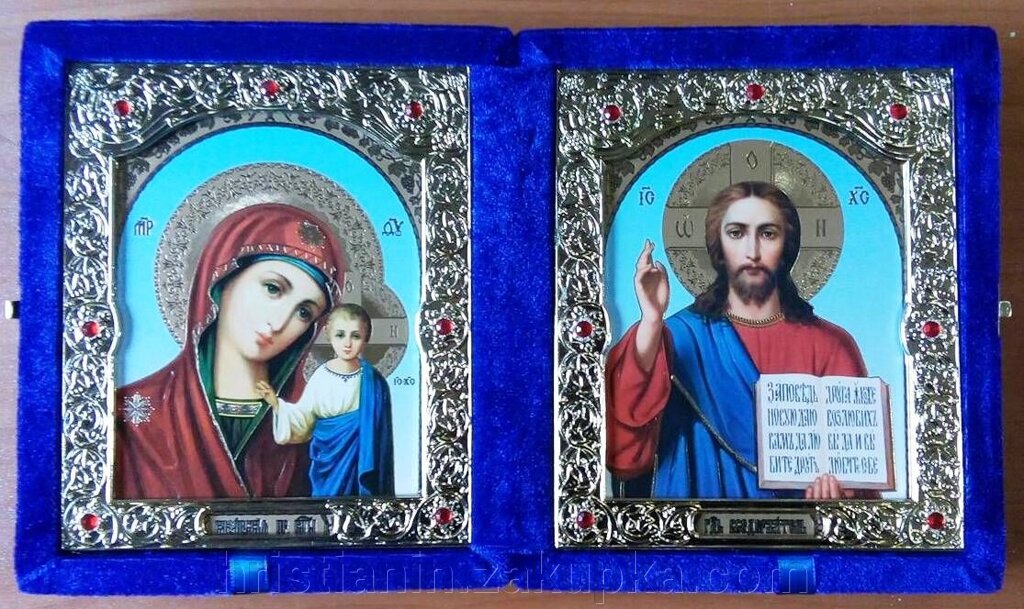 Складень оксамитовий синій, з іконами, що виймаються + стрази, 15х18 см. від компанії ІНТЕРНЕТ МАГАЗИН "ХРИСТИЯНИН" церковне начиння - фото 1