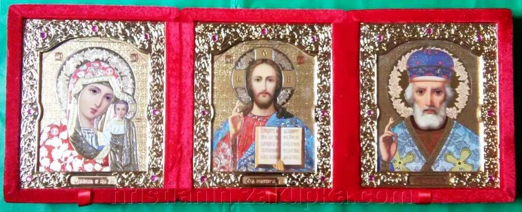 Складень в оксамиті потрійний, червоний, з іконами що виймаються + стрази від компанії ІНТЕРНЕТ МАГАЗИН "ХРИСТИЯНИН" церковне начиння - фото 1