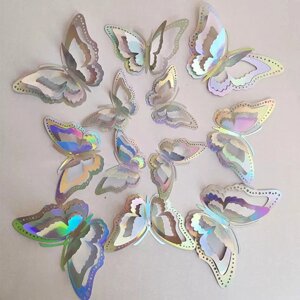 Метелики декоративні сріблясті перламутрові, в наборі 12штук різних розмірів, фольга