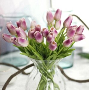 Штучні тюльпани 5 штук 34 см на 4,5 см бежево-фіолетовий