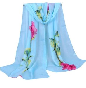 Жіночий шарф блакитний з трояндою - 140*47см, шифон