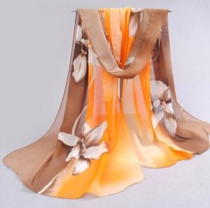 Жіночий шарф з квітами коричневий - розмір шарфика приблизно 150*48см, шифон