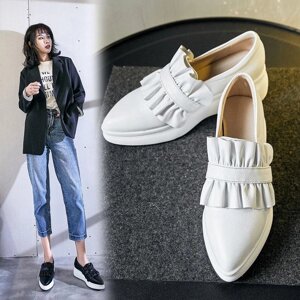 Під замовлення! Білі жіночі туфлі з натуральної шкіри на товстій підошві, корейська версія весни і осені 2020 р