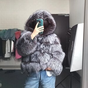 Під замовлення! Жіноча шуба чорнобурки, жіноча зимова куртка середньої довжини з лисячим хутром