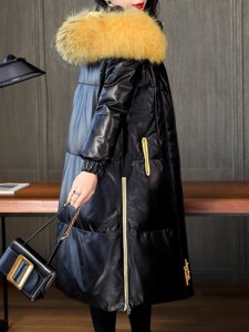 Під замовлення! Жіночий шкіряний пуховик середньої довжини, модна хутряна куртка з капюшоном 2 кол