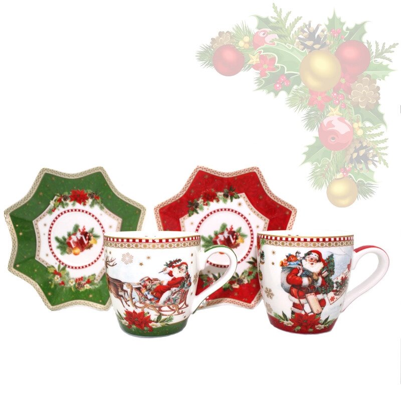 Набір 2 чашки і блюдця з фарфору з новорічним малюнком «Christmas Time», 100 мл,d-12 см (880-9046) від компанії Інтернет-магазин Present4you - фото 1