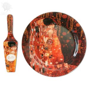 Скляна тарілка-тортівниця з лопаткою Р. Клімт «Поцілунок» Carmani, d-30 см (198-1701)