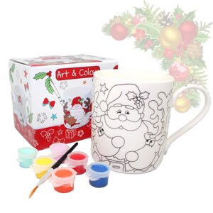 Кружка-розмальовка з новорічним малюнком з фарбами і пензликом в подарунковій коробці «Santa», 450 мл