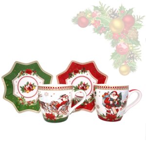 Набір 2 чашки і блюдця з фарфору з новорічним малюнком «Christmas Time», 100 мл,d-12 см (880-9046)
