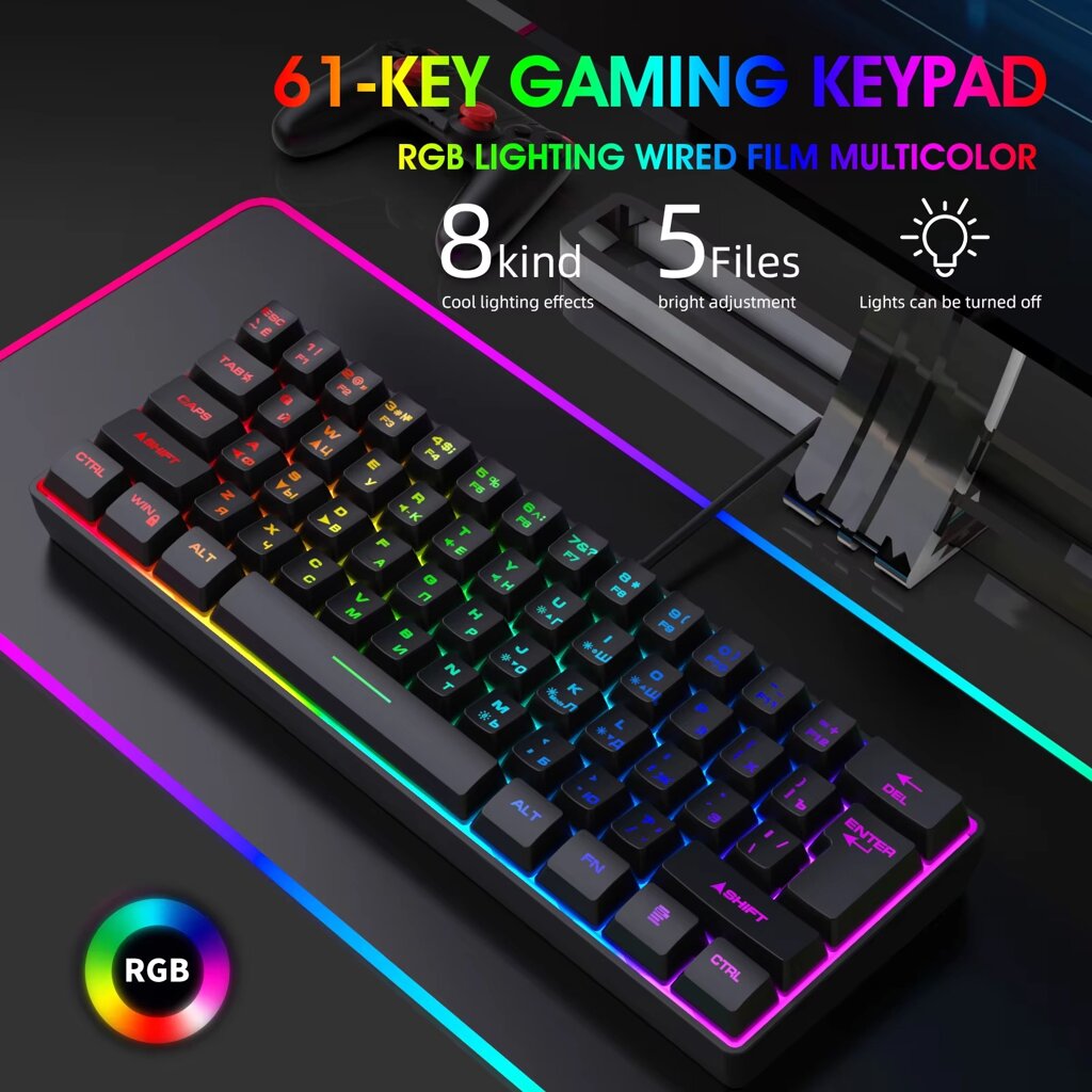 Клавіатура USB K401 з RGB-підсвічуванням, 61 клавіша, ультракомпактна від компанії ПО СПЕЦАНТЕННИ Зв'язок без перешкод! - фото 1