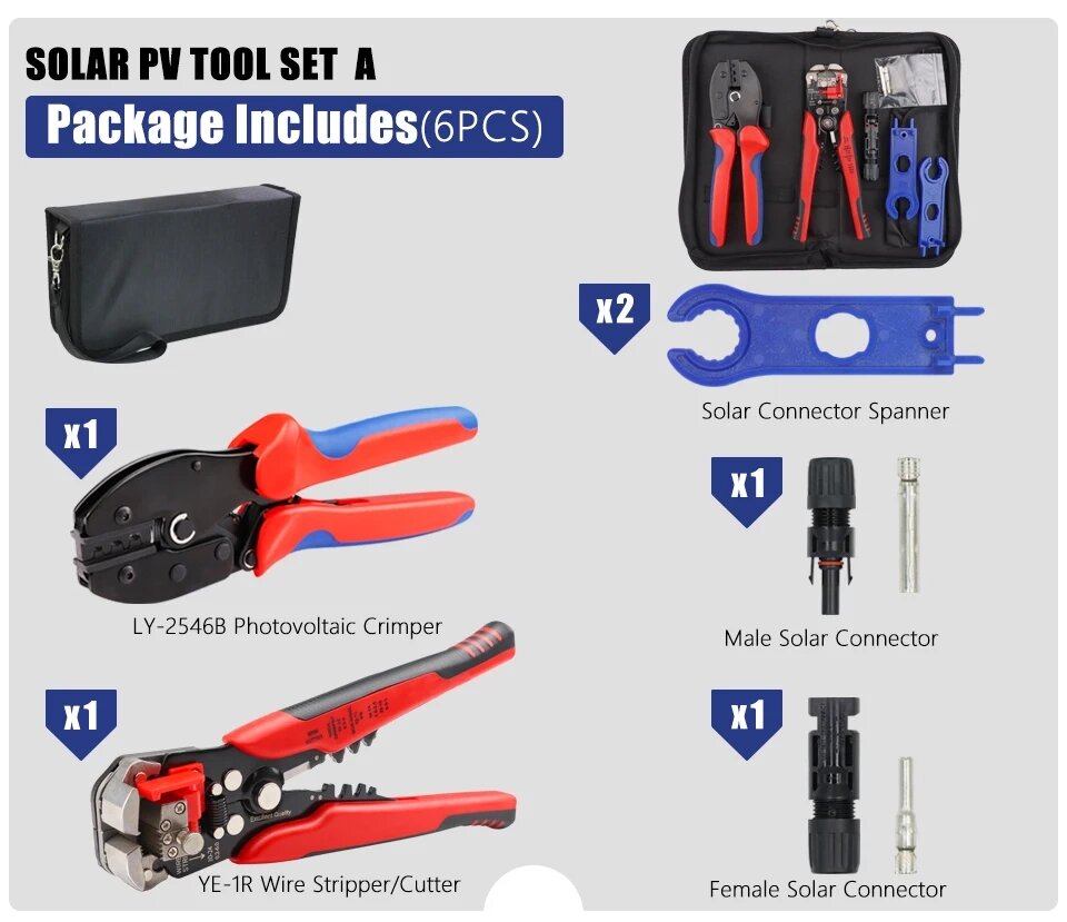 Набір інструментів для обтиску сонячних кабелів LY-2546B 2,5/4/6 мм² із стрипером YE-1R, гайковим ключем та роз'ємами від компанії ПО СПЕЦАНТЕНИ Зв'язок без перешкод! - фото 1