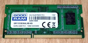 Пам'ять оперативна Goodram SODIMM DDR3-1333 4096MB PC3-10600 (GR1333S364L9S/4G) для ноутбуків