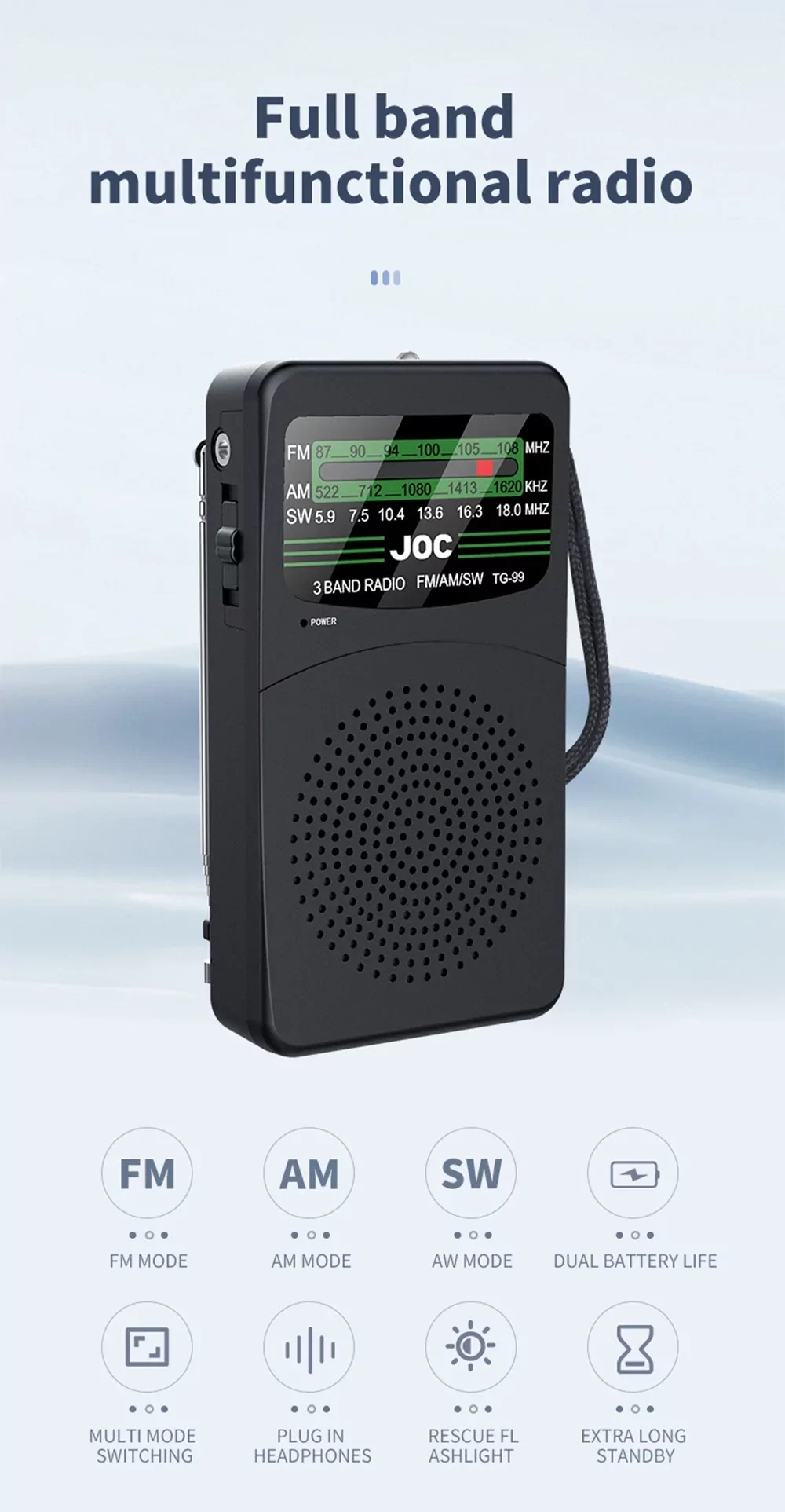 Радіоприймач FM/AM/SW TG99-JOC портативний, LED підсвічування, живлення 2хАА, роз'єм для навушників 3,5 мм - фото pic_218ee84dd9f1677073c3caa5243c9489_1920x9000_1.webp