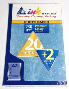 Фотопапір Inksystem супер глянсовий, розмір А3+ (329х483 мм), щільність 230 гр/м2, 20 аркушів, Корея