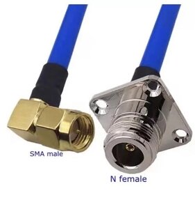 Пігтейл (перехідник) SMА-male (штир) кутовий - N-female (гніздо) фланець 4 отвори, кабель RG-402, 20 см в Дніпропетровській області від компанії ПО СПЕЦАНТЕННЫ  Связь без преград!